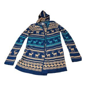 Pink Owl Apparel Women’s Sweater Open Long Drape Front Hood Moose Print Small